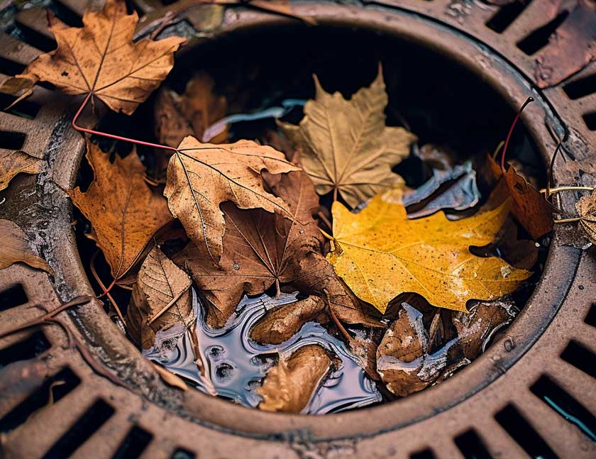 blocked drain pipe causes leaves