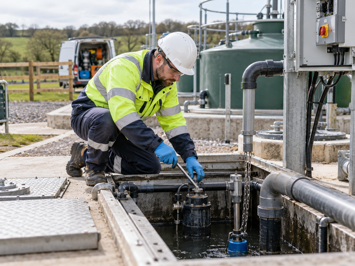 Engineer servicing a sewage treatment plant