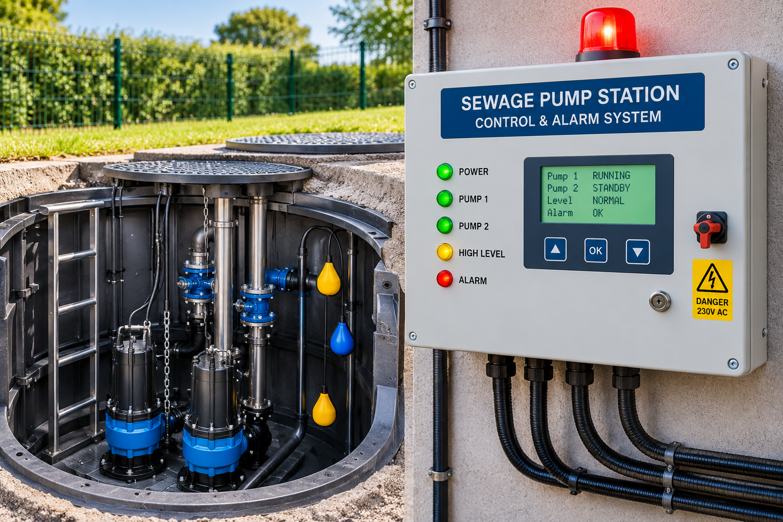 Sewage pump station controls and alarm system